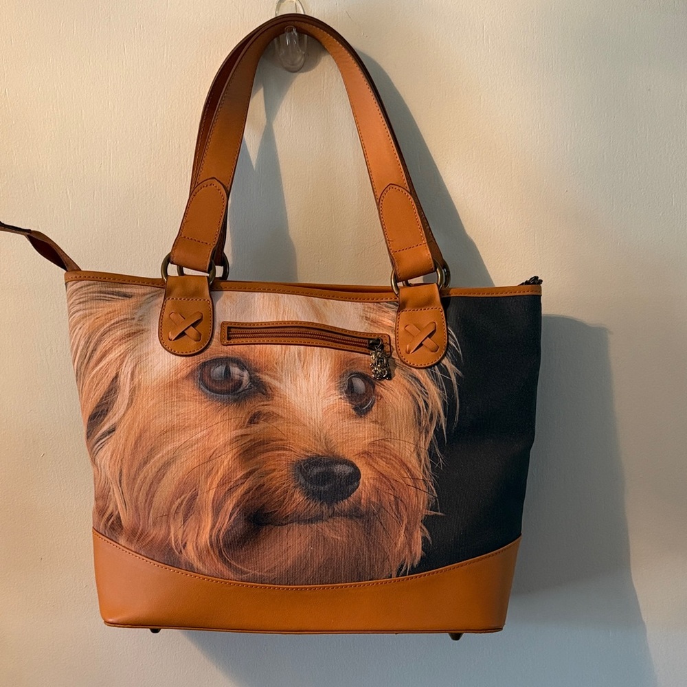 Tote Bag with Realistic Dog Face Print in Tan and Black.  Faithful Friends